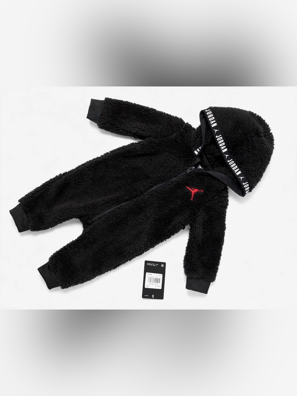 Jordan Black Sherpa One-Piece Hooded Bodysuit with Red Jumpman